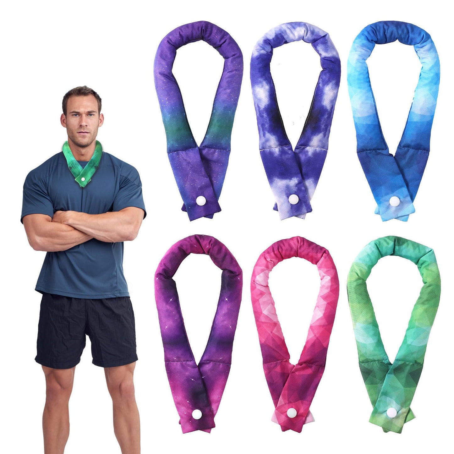 6pcs Cooling Neck Wraps, 24.8x1.97in Neck Cooler Bandanna with Button Neck Cooling Ice Pack Cool Scarf Neck Wrap for Walking Riding Outdoor Hot weather (Tie dye)