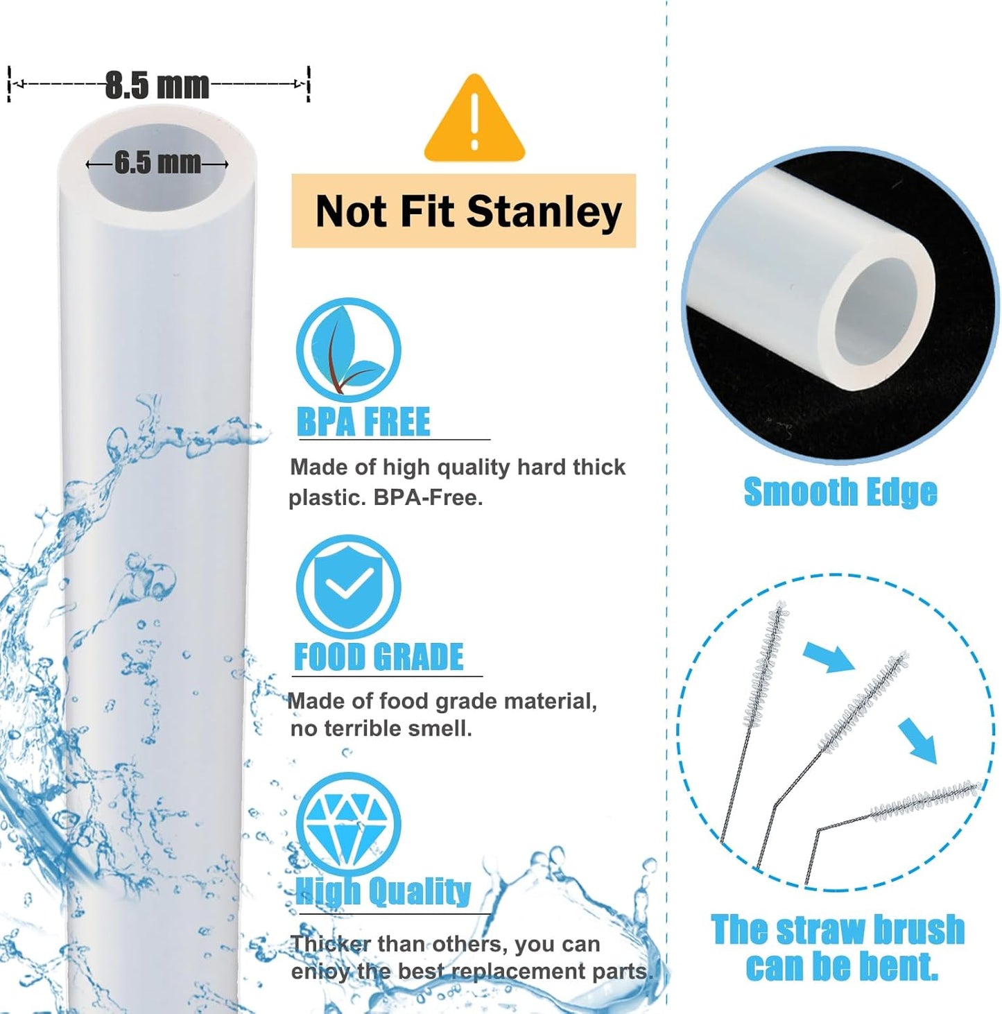 Greant 6 Pack Replacement Straws for Hydro Flask Straw Lid Wide Mouth Bottle, 9.8''L X 0.33'' W, for Hydroflask Wide Mouth Flex Straw Cap, Plastic, Cuttable