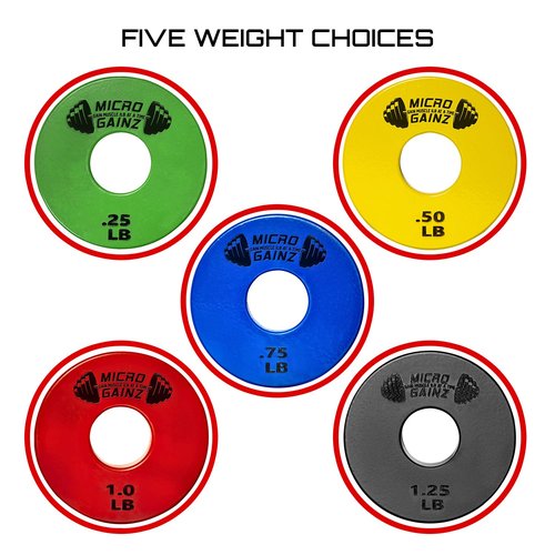 Micro Gainz 1-Inch Center Hole Standard Fractional Weights Plate Sets, 10 Piece Dumbbell & Barbell Set of Plates with Bag for Strength Training and Weight Lifting, Made In USA (Multi-Color)