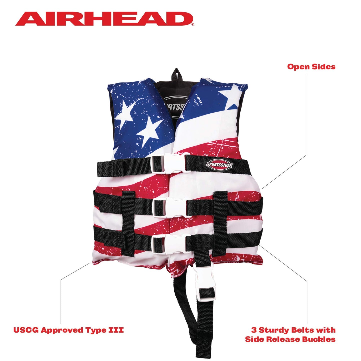 Sportstuff Child Type III Life Jacket | US Coast Guard Approved | Open Sides with 3 Body Belts & Buckles | Quick Dry Fabric, Secure Fit, Comfortable | Stars & Stripes