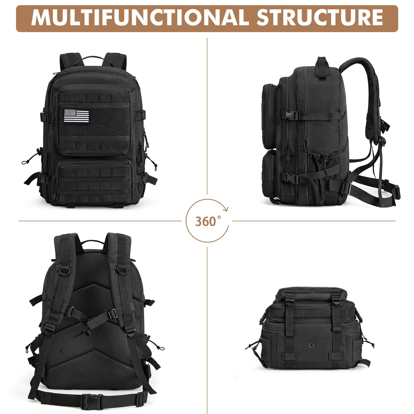 G4Free Large Military Tactical Backpack for Men 3 Day Pack Molle Backpack Army Rucksack for Hiking, Camping, Travel (Black)