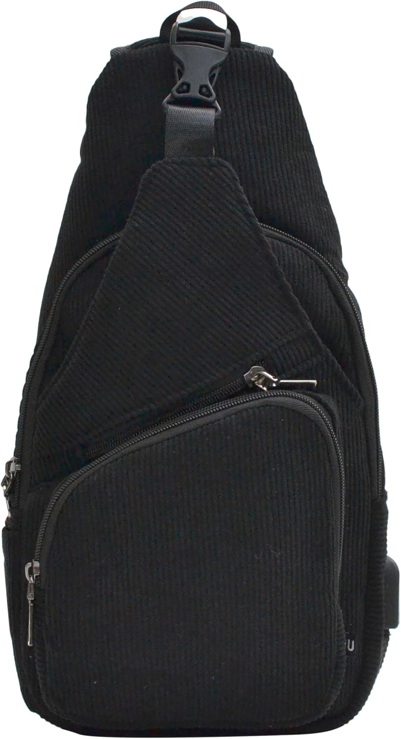 Anti-Theft Daypack Crossbody Sling Backpack, USB Charging Connector Port, Lightweight Day Pack for Travel, Hiking, Everyday, Regular, Black