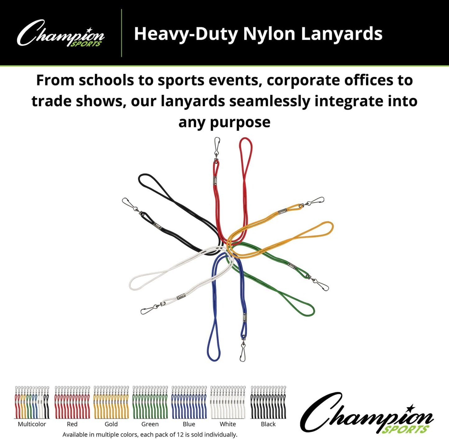 Champion Sports Nylon Lanyards with J-Hook Clip, Gold - 12 Pack (Poly Bag)