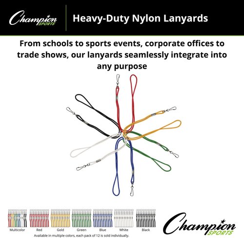 Champion Sports Nylon Lanyards with J-Hook Clip, White - 12 Pack (Poly Bag)