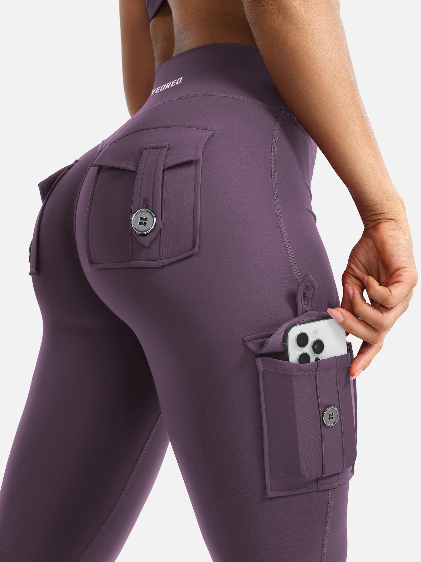 YEOREO CoreFlex Women Workout Flare Leggings with Pockets Hidden Scrunch Cargo Gym Yoga No Front Seam Leggings Black Berry Purple S