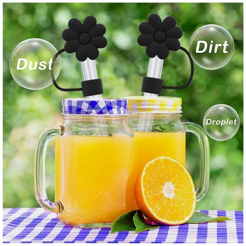 Meitesti Flower Straw Cover Cap for Stanley Cup Silicone Straw Topper Compatible with 30&40 Oz Tumbler, 4pcs Black Flower