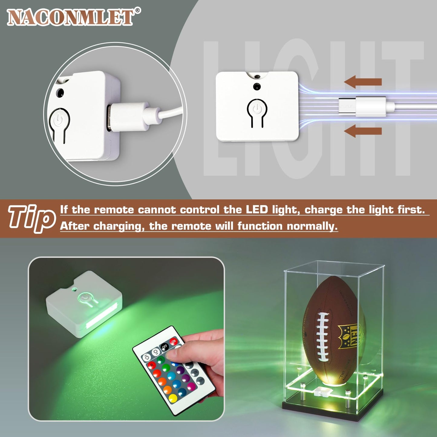 Football Display Case with LED Light-Clear Full Size Football Case Display,UV Protected Memorabilia Holder, for Football Fans & Collectors, Sports Collectibles