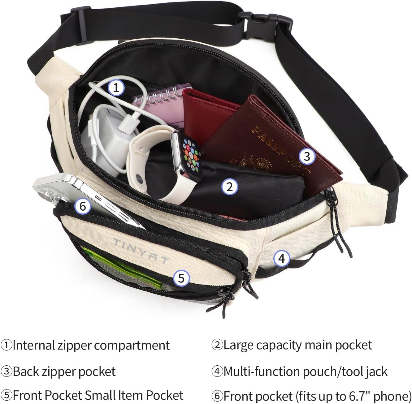 TINYAT Large Fanny Pack Travel Waist Bag Lightweight for Men&Women with Adjustable Strap T206 Blue