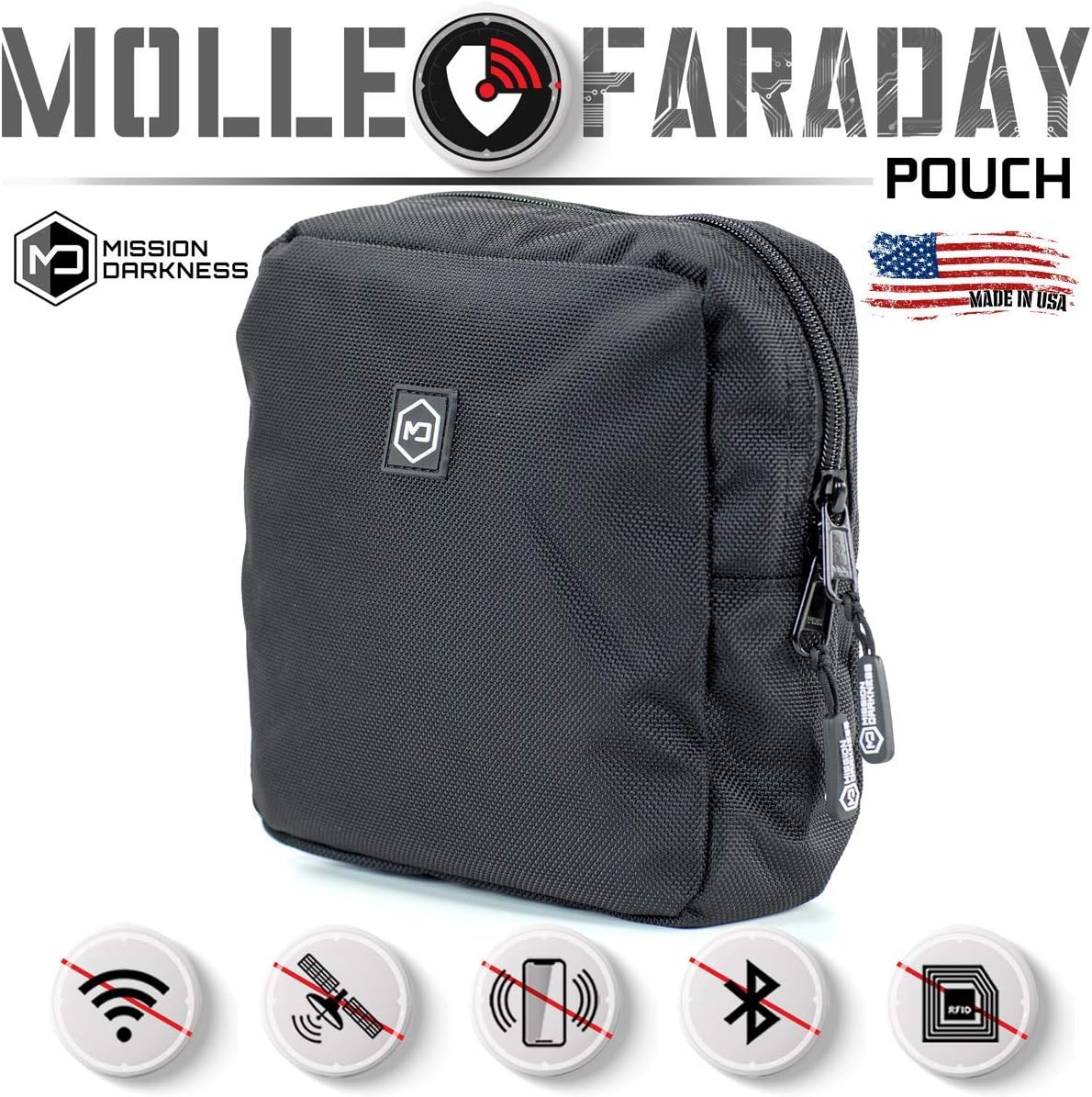 Mission Darkness MOLLE Faraday Pouch // Military-Grade Bag with RF Signal Blocking Liner Attaches to MOLLE Webbing Systems // Anti-Hacking & Tracking Assurance, Data Privacy for Handheld Devices