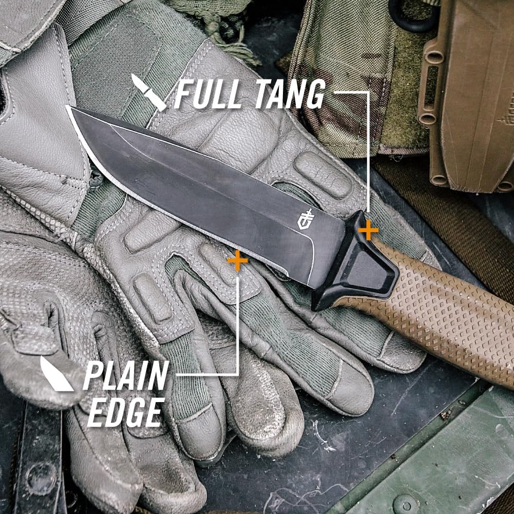 Gerber Gear StrongArm - Fixed-Blade Camping & Hunting Knife with Striking Pommel & Sheath - Premium Survival Gear - Made in USA - Black, Plain Edge