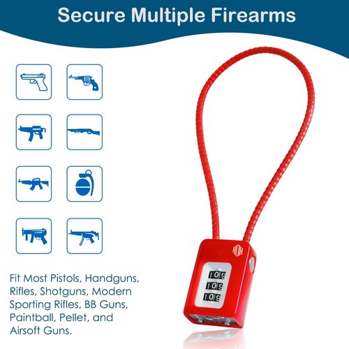 HOX 3 Digit Combination Gun Lock, 3-Pack Cable Lock for Pistols Handguns Rifles and Shotguns, for Home Firearm Locking and Safety (Red)