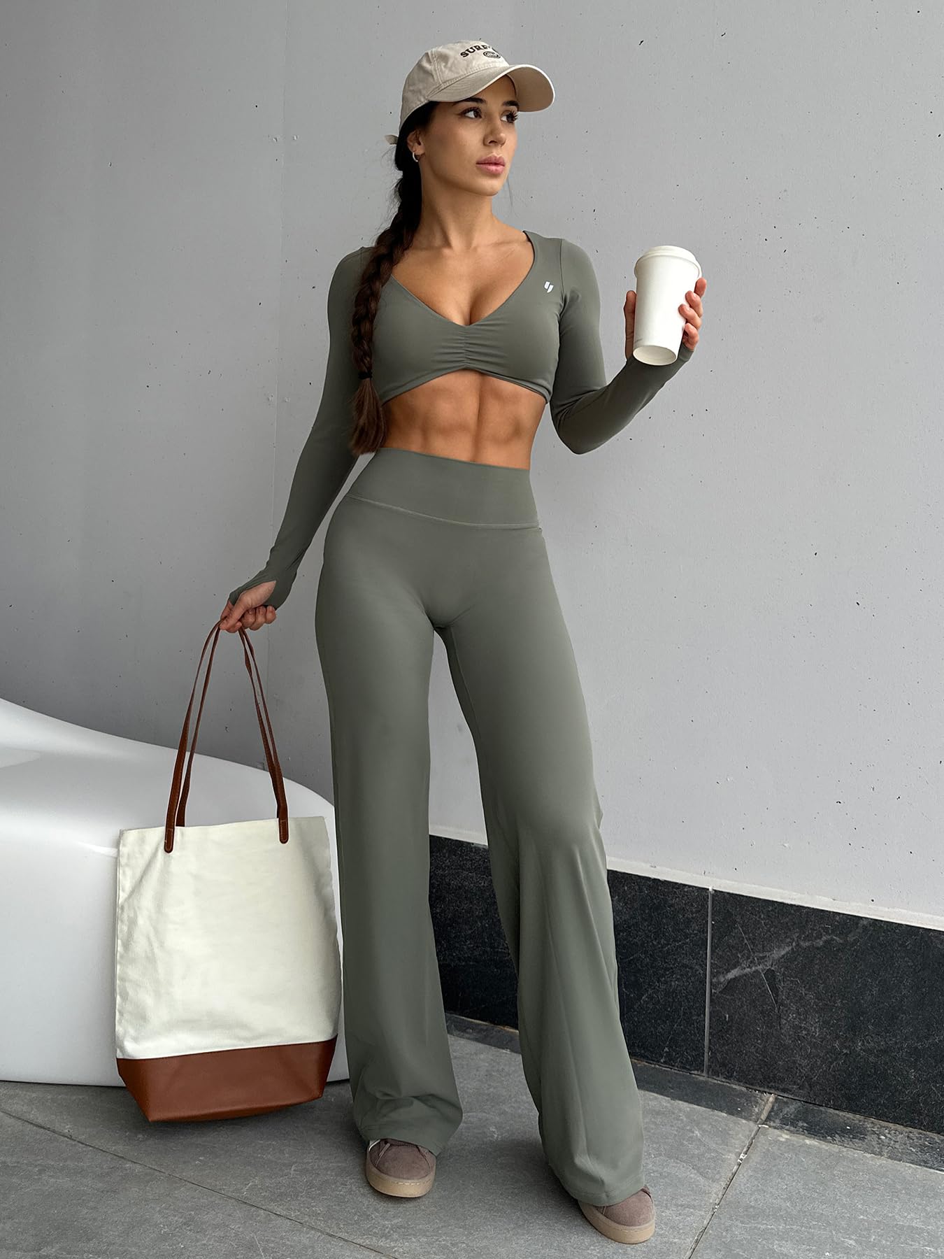 YEOREO Workout Leggings Womens No Front Seam Straight Leggings 35" High Waist Buttery Eddiy Gym Yoga Pants Gray Green S