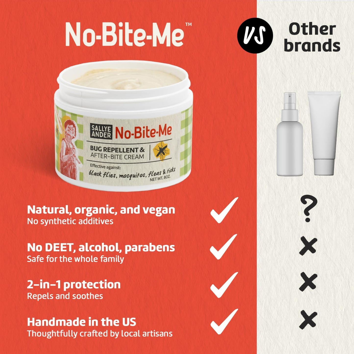 SALLYEANDER No Bite Me All-Natural Bug & Insect Repellent - Anti Itch Cream - 2 oz - Safe for Kids and Infants - Repels Mosquitoes, Black Flies, Fleas, and Ticks