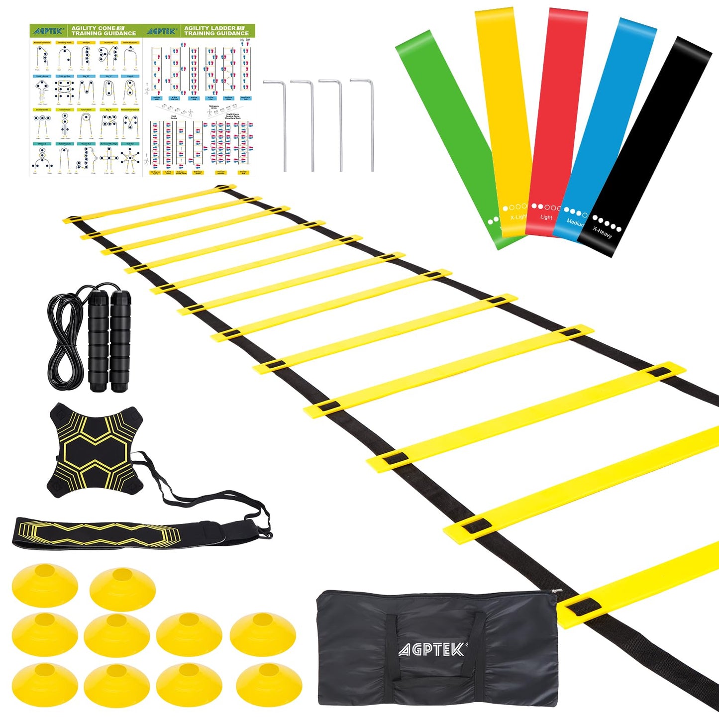 AGPTEK Agility Training Equipment Set, Agility Ladder Speed Soccer Kick Trainer Cones Jump Rope Resistance Bands Exercise Workout Equipment Boost Fitness & Increase Quick Footwork