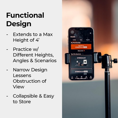 Strikeman Pro Phone Tripod & Mount - Compatible w/iPhone & Android, Collapsible & Easy to Store - Cell Phone Stand for Use w/The Strikeman Dry Fire Laser Training System - 4 Feet Max Height