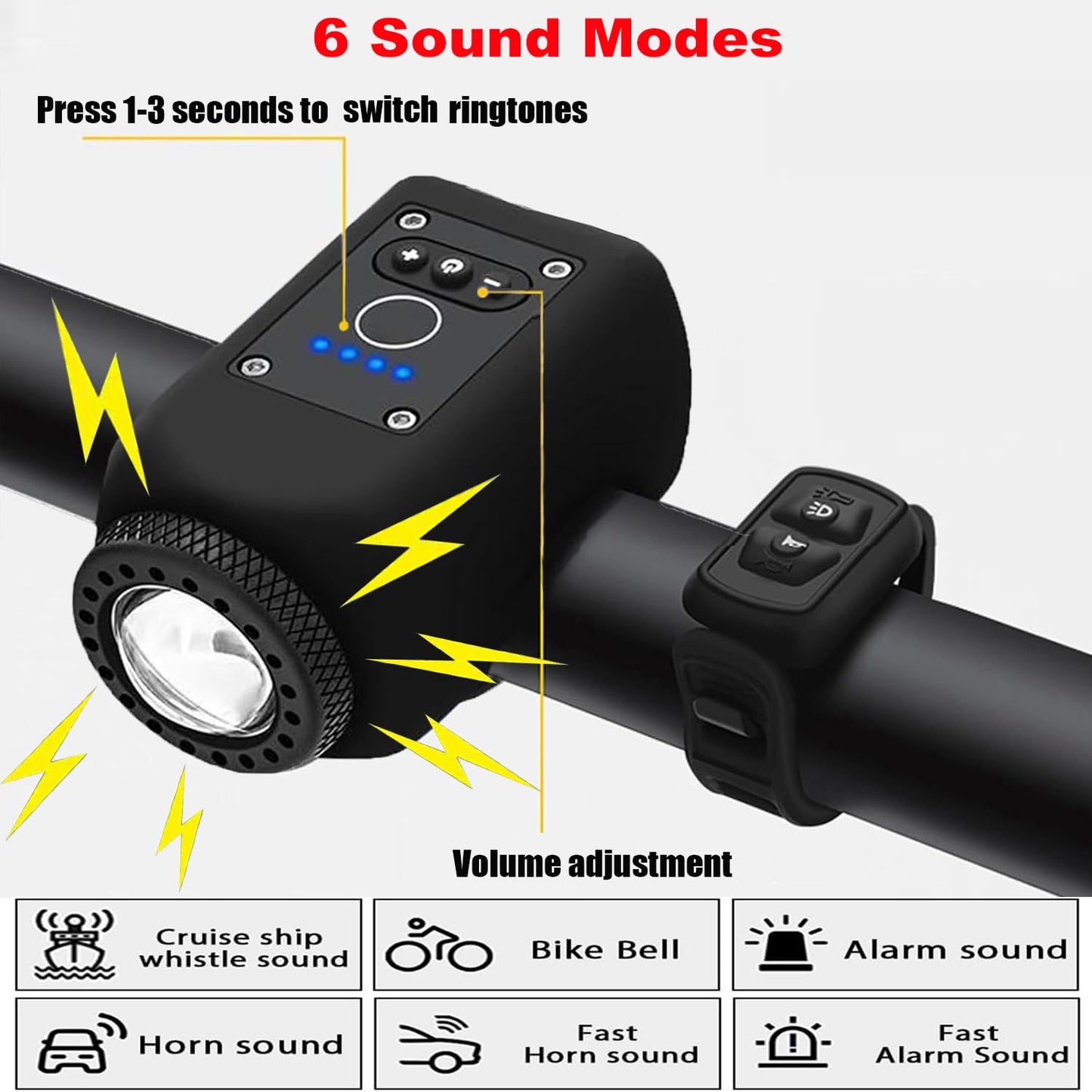 AaiLucky Electric Bike Horn and Bike Light 2 in 1, 110dB Bicycle Horn Rechargeable Bicycle Scooter Headlight for Night Riding, Bicycle Light with Horn for Adults Kids, 5 Sound Modes, Waterproof