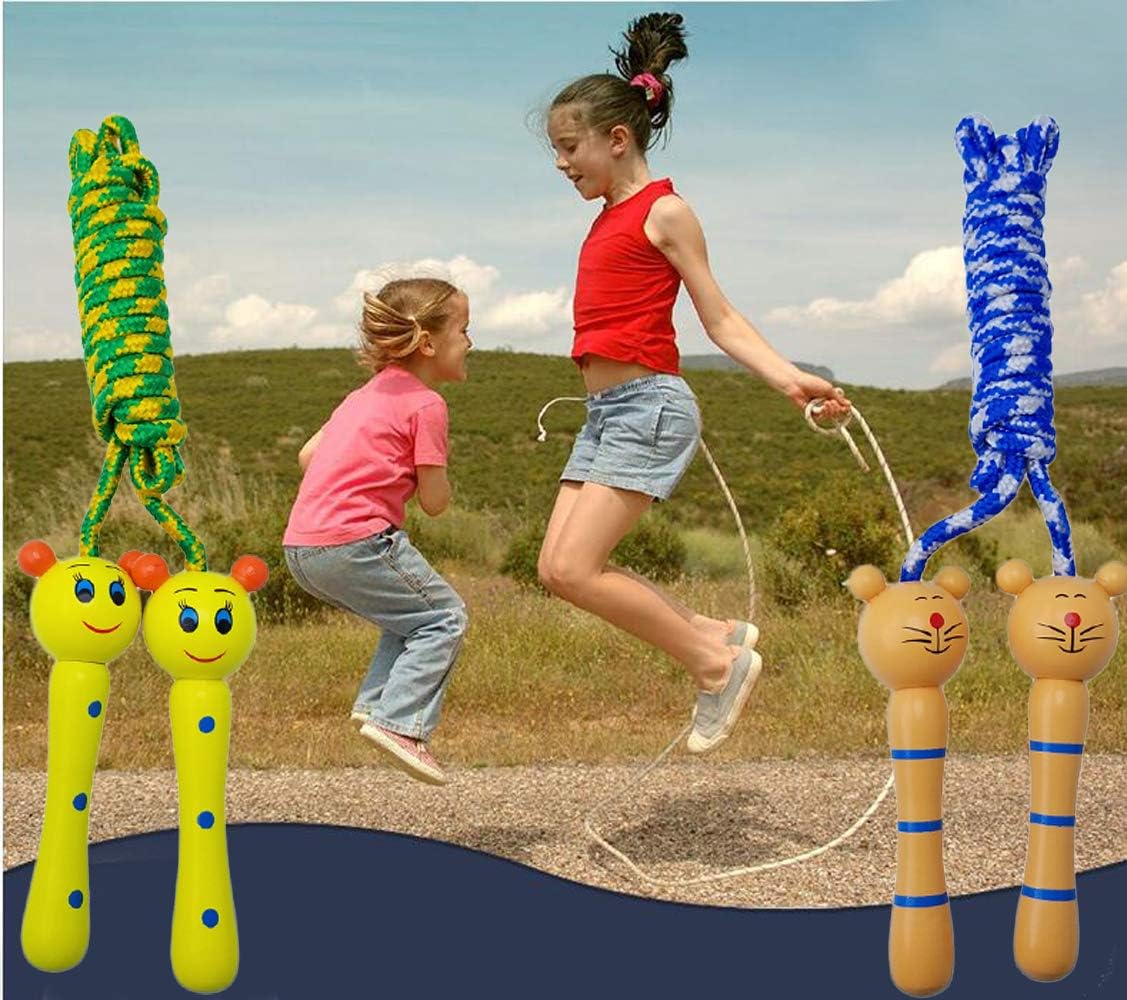 4 Pack Jump Rope with Wood Handles for Kids - Skipping Rope Great for Children and Students Outdoor Fun Activity, Party Favor, Recreation and fitness Keeping Fit.