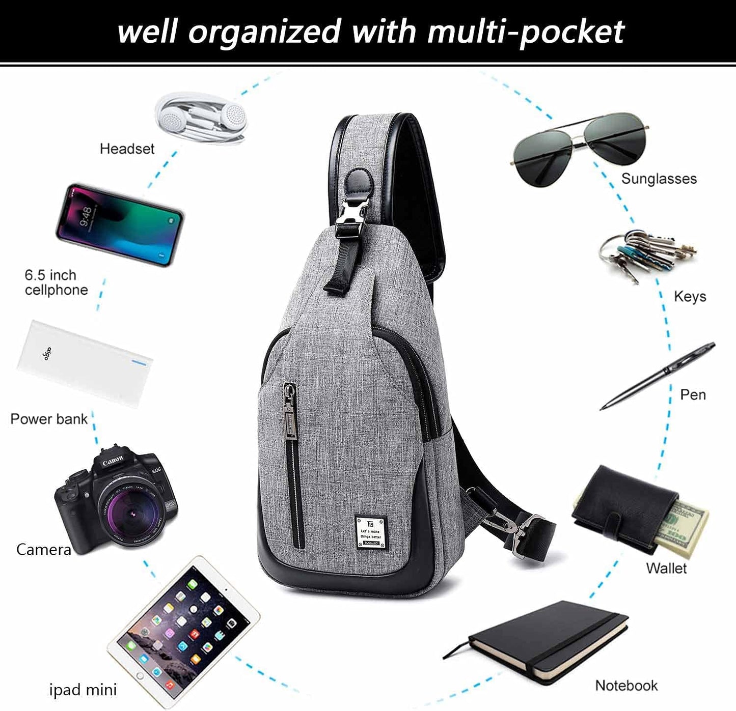 Small Sling Bag Crossbody Backpack Over the Shoulder Bag for Men Women Travel Outdoors, Lightweight Chest Pack (Small, Black)