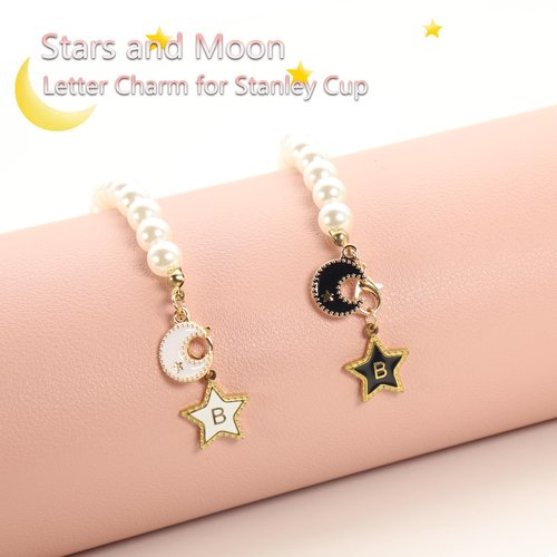 RJINYENS Letter Charm Accessories for Stanley 30&40 Oz, 2Pcs Moon & Star Shaped Initial Name ID Cup Charms for Tumblers, Stanley Charms for Handle, Stanley Cup Accessories Chain (Star+Moon-M)