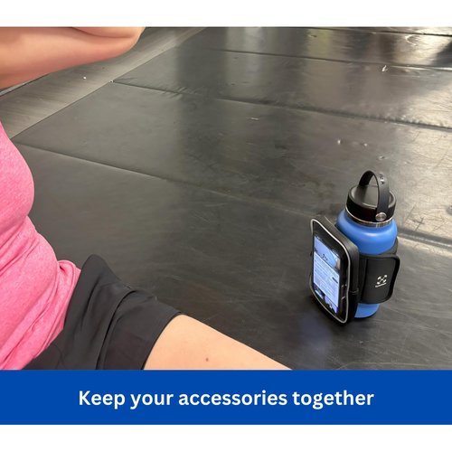 Gym Mate Magnetic Water Bottle Sleeve with see-through phone access. Attaches Magnetically to Metal Surface so Your Bottle is Always Within Reach. Use your phone without taking it out of the pouch.