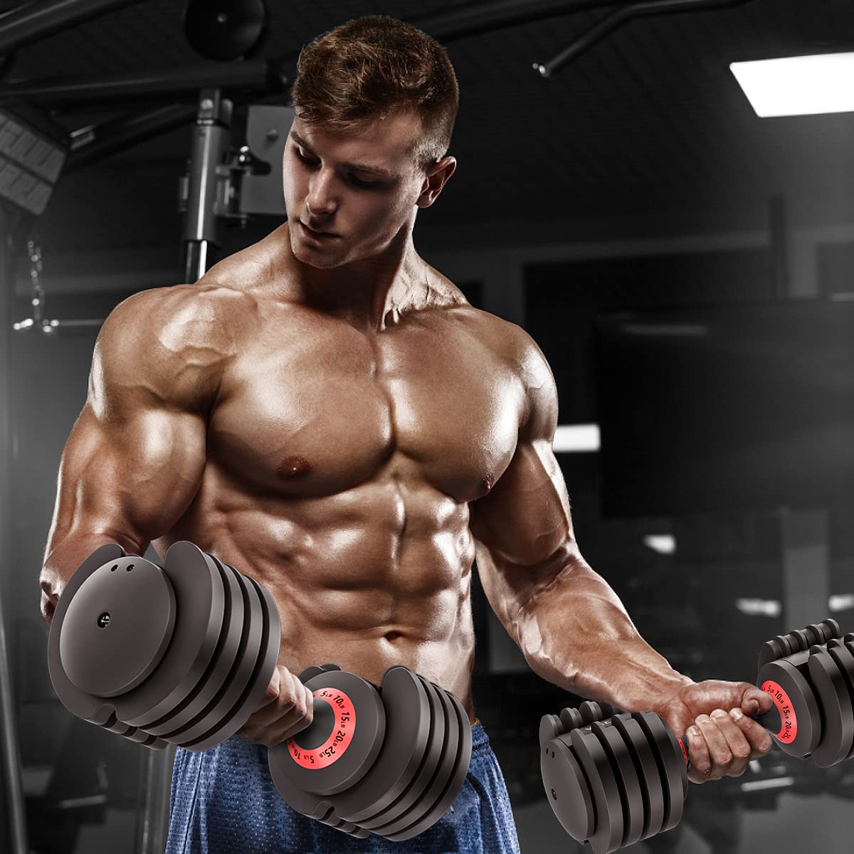 VEICK 25 lbs Adjustable Dumbbell, Fast Adjust Weight with Anti-Slip Turning Handle for Men Women, Exercise Equipment with Tray for Home Gym Full Body Workout Fitness