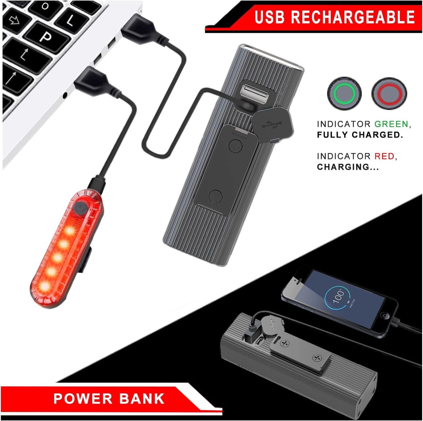EBUYFIRE Bike Light USB Rechargeable Bicycle Lights, Bicycle Front Headlight and Taillight, 5 Light Modes Bike Headlight for Night Riding