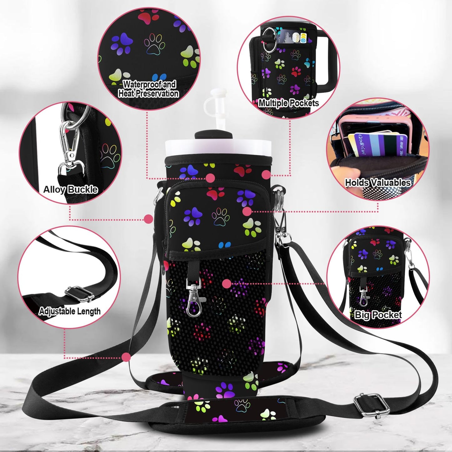 40 oz Tumbler Carrier with Strap Water Bottle Holdeand 30oz Tumbler Carrier with Strap Bottle Holder Dog Paw Stanley Cup Purse Accessories for Hiking Travelling Camping 3 Pockets to Hold More