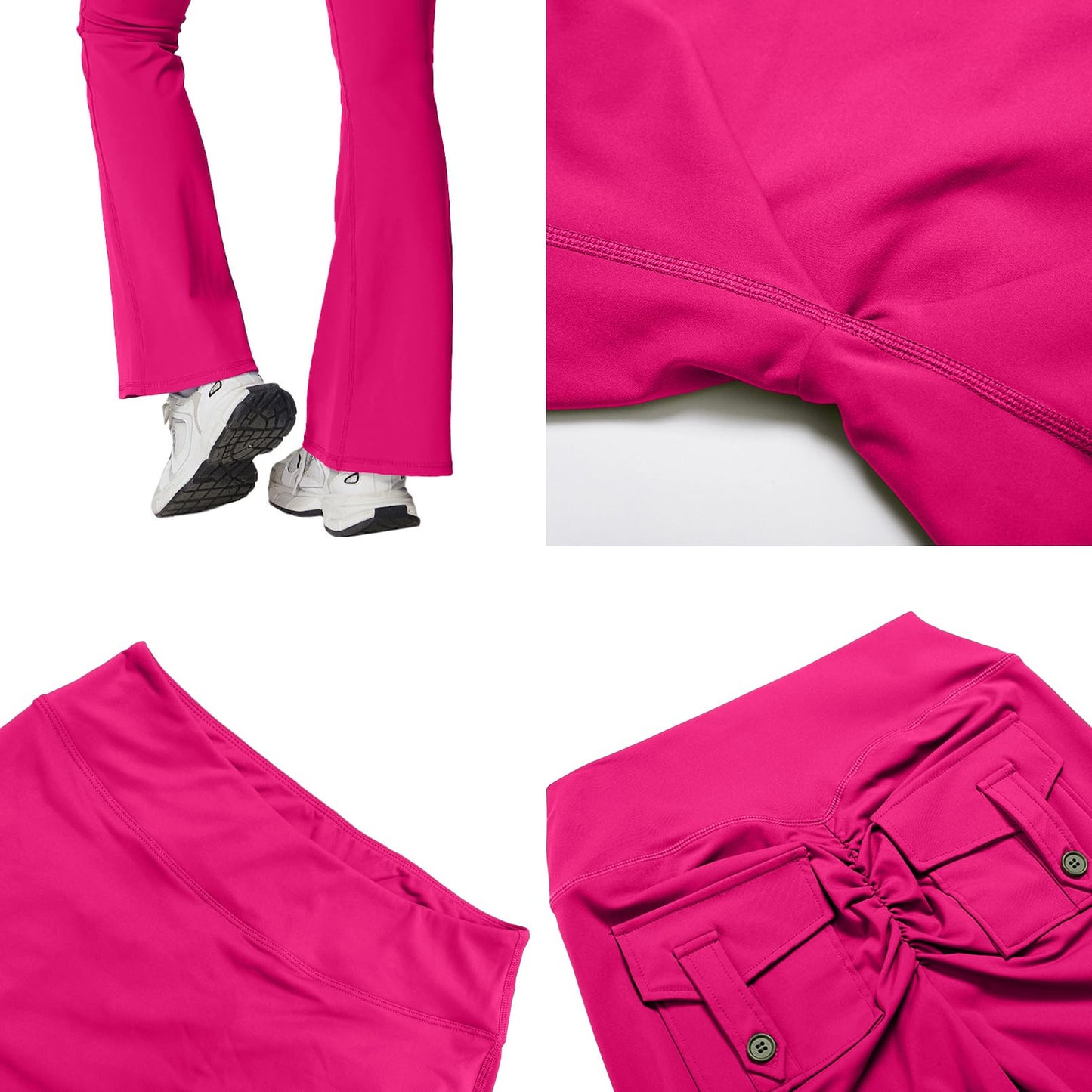 Rugkey Women High Waisted Flare Leggings with Pockets Tummy Control Compression Yoga Pants Scrunch Butt Lifting Workout Tights Rose-L