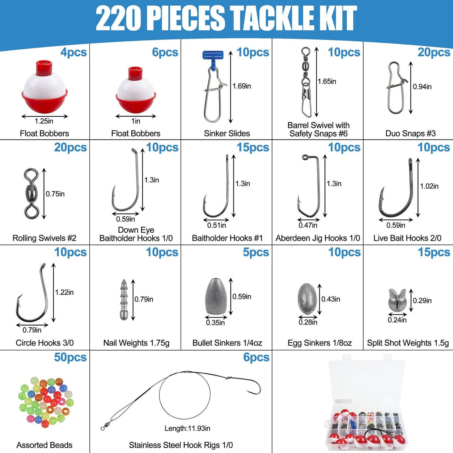 220pcs Fishing Hooks Bobbers Tackle Kit Beginners Equipment Includes Fishing Hooks Bobbers Weight Sinkers Swivel Snaps Starter Kit for Artificial and Live Baits