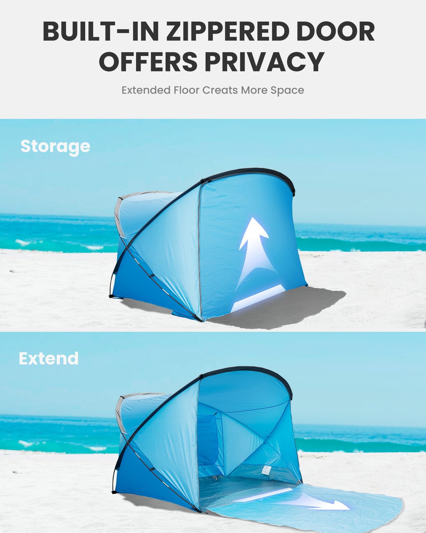 OutdoorMaster Beach Tent for 3-4 Person - Easy Setup and Portable Beach Shade Sun Shelter Canopy with UPF 50+ UV Protection Removable Skylight Family Size-Blue