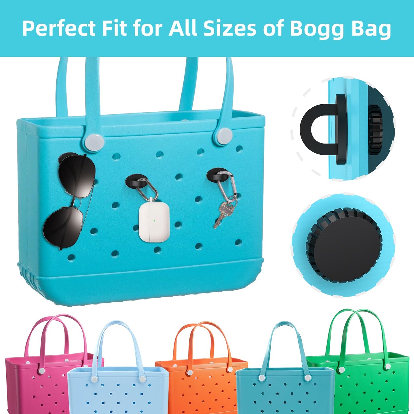 ARSUNOVO 4Pcs Hook Accessories for Bogg Bag, Insert Charms Key Holder Compatible with Beach Bag, Keychain Hanger for Simply Southern Bag(Black)