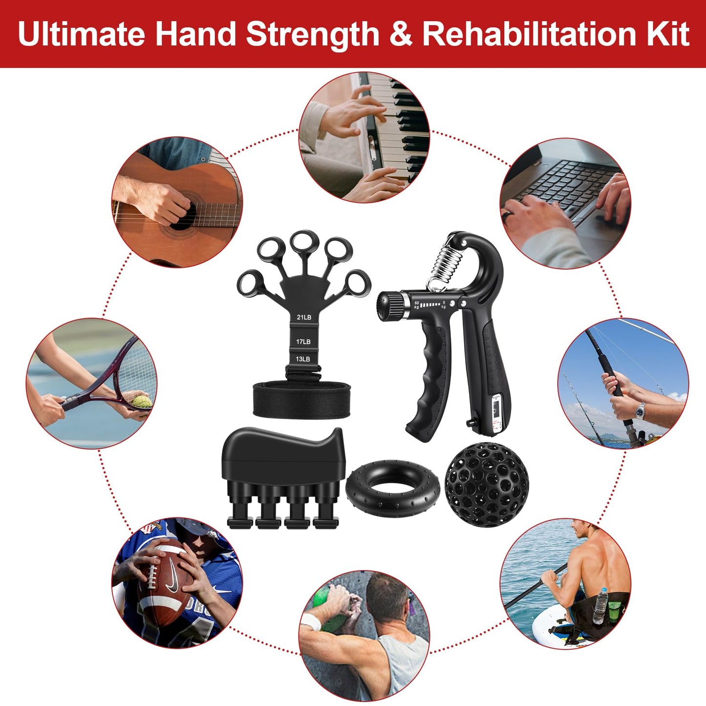 Hand Grip Strengthener Workout Kit (5 Pack) with Adjustable Tension Finger Exerciser, Adjustable Resistance Hand Gripper, Stress Relief Ball, and Forearm Workout Ring for Muscle Building and Injury Recovery