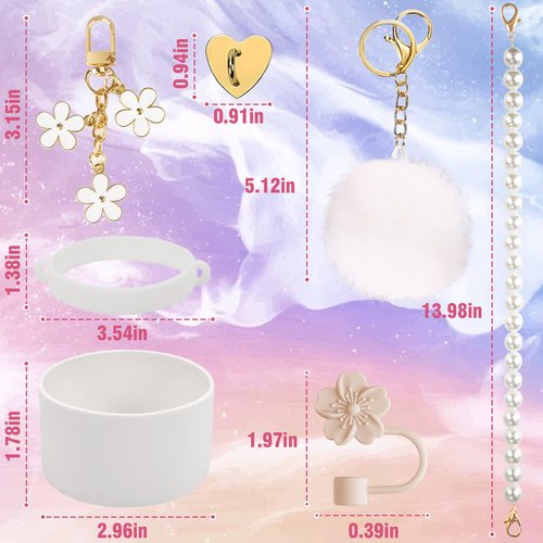 Seocam Compatible with White Stanley Cup Accessories 40 oz, 7pcs of Food-Grade Silicone Straw Cover, Pearls Chain, Bottle Boot, Rubber Cup Ring, Keychains, and Heart Hook, Unique Gifts For Women