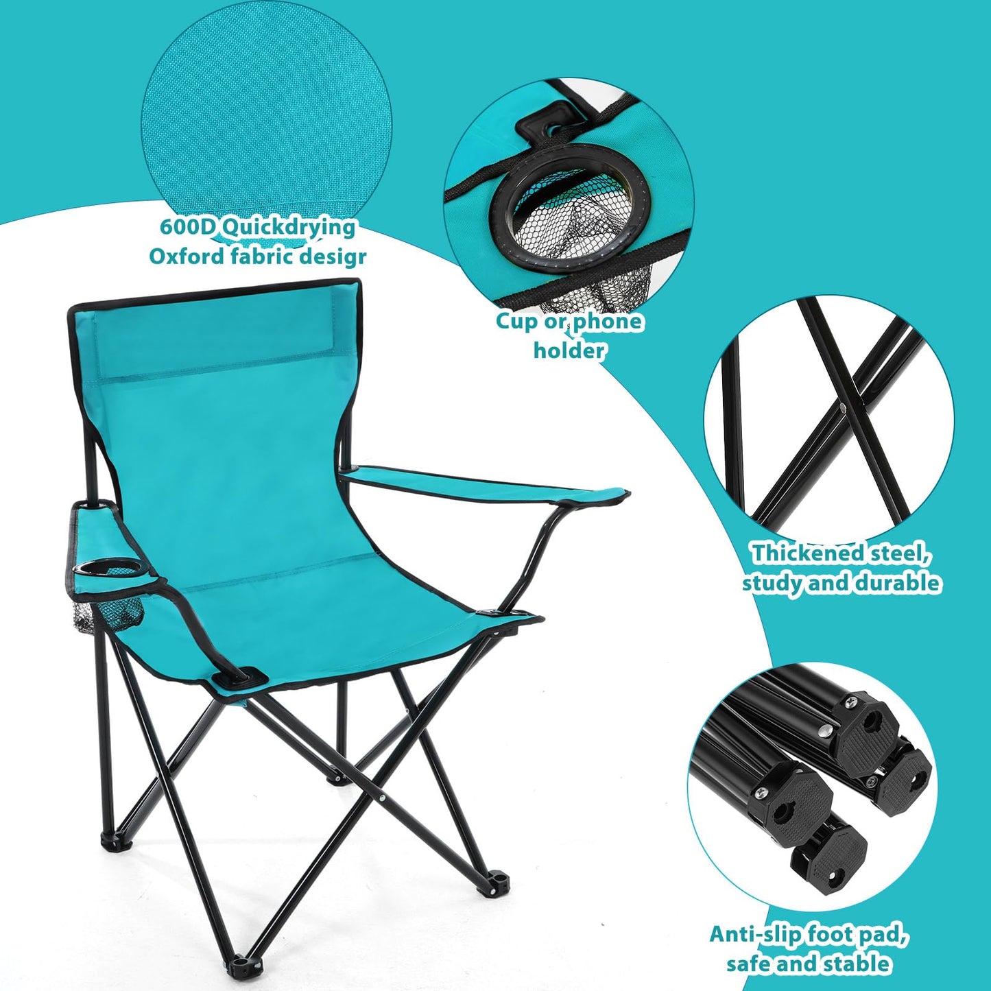 Anglechic 4 Pcs Folding Camping Chairs with Cupholder and Carry Bag Regular Size Portable Lightweight Lawn Chair with Mesh Side Pocket for Fishing Hiking Picnic Party Beach Outdoor Activity (Stylish)