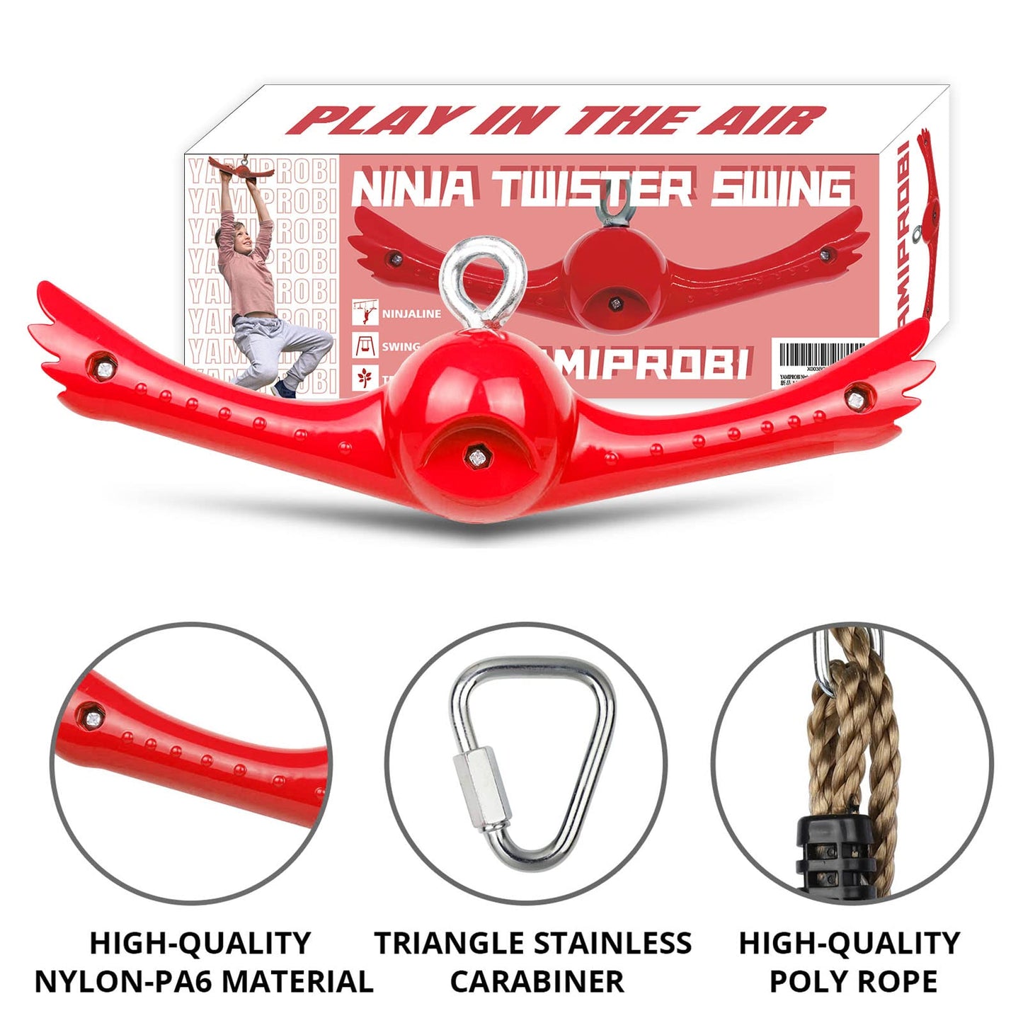 Ninja-Twister Swing Spins Set: Slackline Attachments - 360° Handle Twist-Spin Flips Toy Activate Ninja Powers Warrior Accessories Kids Hang Toys for Playground Backyard, Red