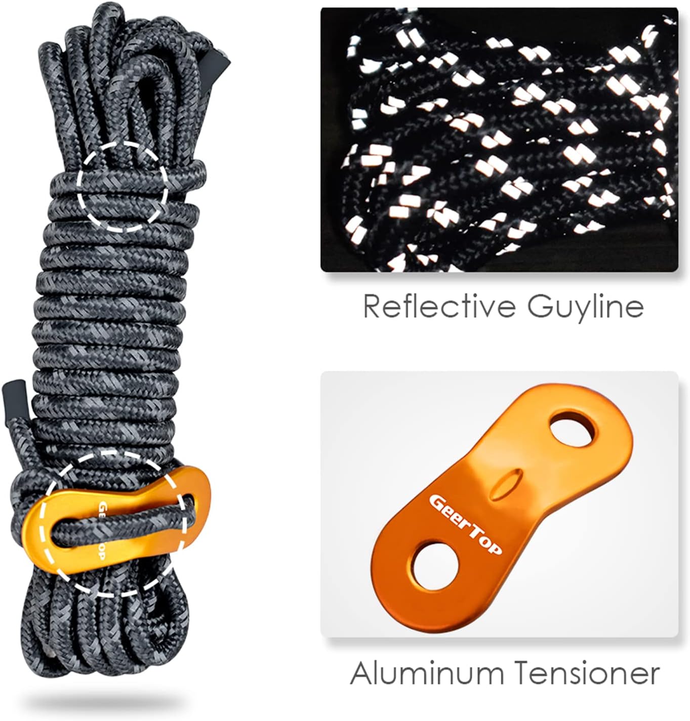GEERTOP 6 Pack Reflective Guy Lines 4 mm Tent Cords Ultralight Camp Ropes with Aluminum Adjuster Tensioner for Tent, Tent Tarp, Canopy Shelter, Outdoor Camping Hiking Backpacking Travel