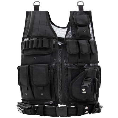 Oushome Tactical Vest, Lightweight Adjustable Airsoft Vest with Detachable Belt & Holster, Tactical Vest for Men for Adults CS/Hunting/Training/Cosplay