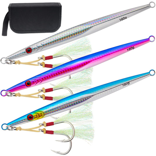 Gefischtter 3pcs Saltwater Vertical Fishing Jigs Metal Jigging Spoon Speed Fast Deep Sea Jigging Fishing Lures Glow Lead Jigs with Assist Hooks for Tuna,Bass,Dogtooth,Grouper/5.64oz(160g)