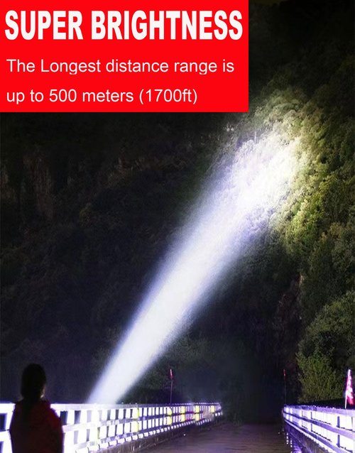 Solar Rechargeable LED Spotlight Flashlight, Super Bright 6000LM Handheld LED Searchlight, Multi-Functional Portable Lamp Camping Lantern Flashlight, 6 Light Modes, IPX4 Waterproof