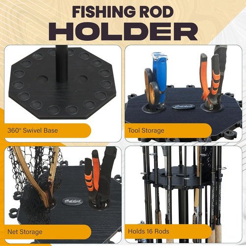 Rush Creek Creations 16-Rod Round Fishing Rod Holder for Garage, 360° Access Fishing Pole Holder for Fishing Rods, Reels, Gear, and Accessories, Securely Holds 16 Rods, Wood Grain