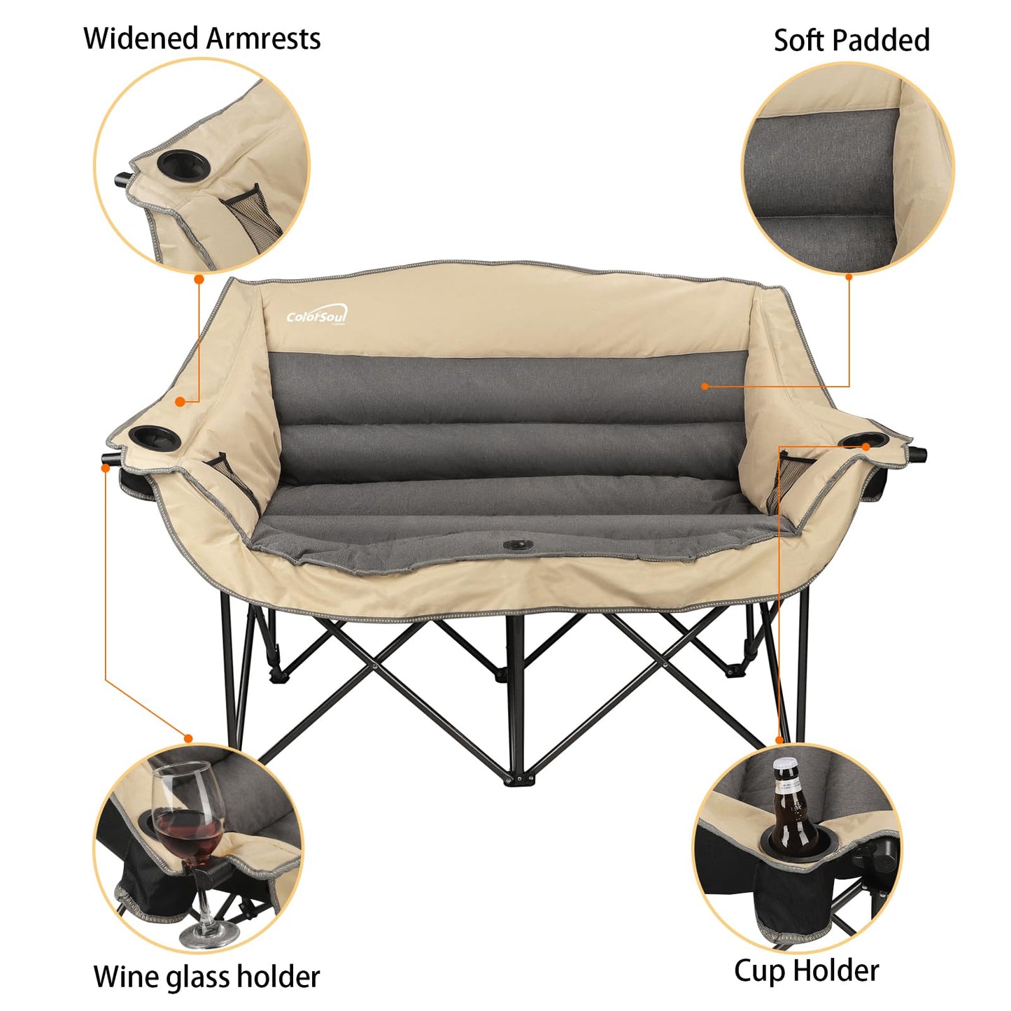 2 Person Fully Padded Camping Chair Oversized Loveseat Camping Chair Double Camping Chairs for Adults Heavy Duty Outdoor Camping Couch, Padded Seats & Armrests, 600Lbs, Beige