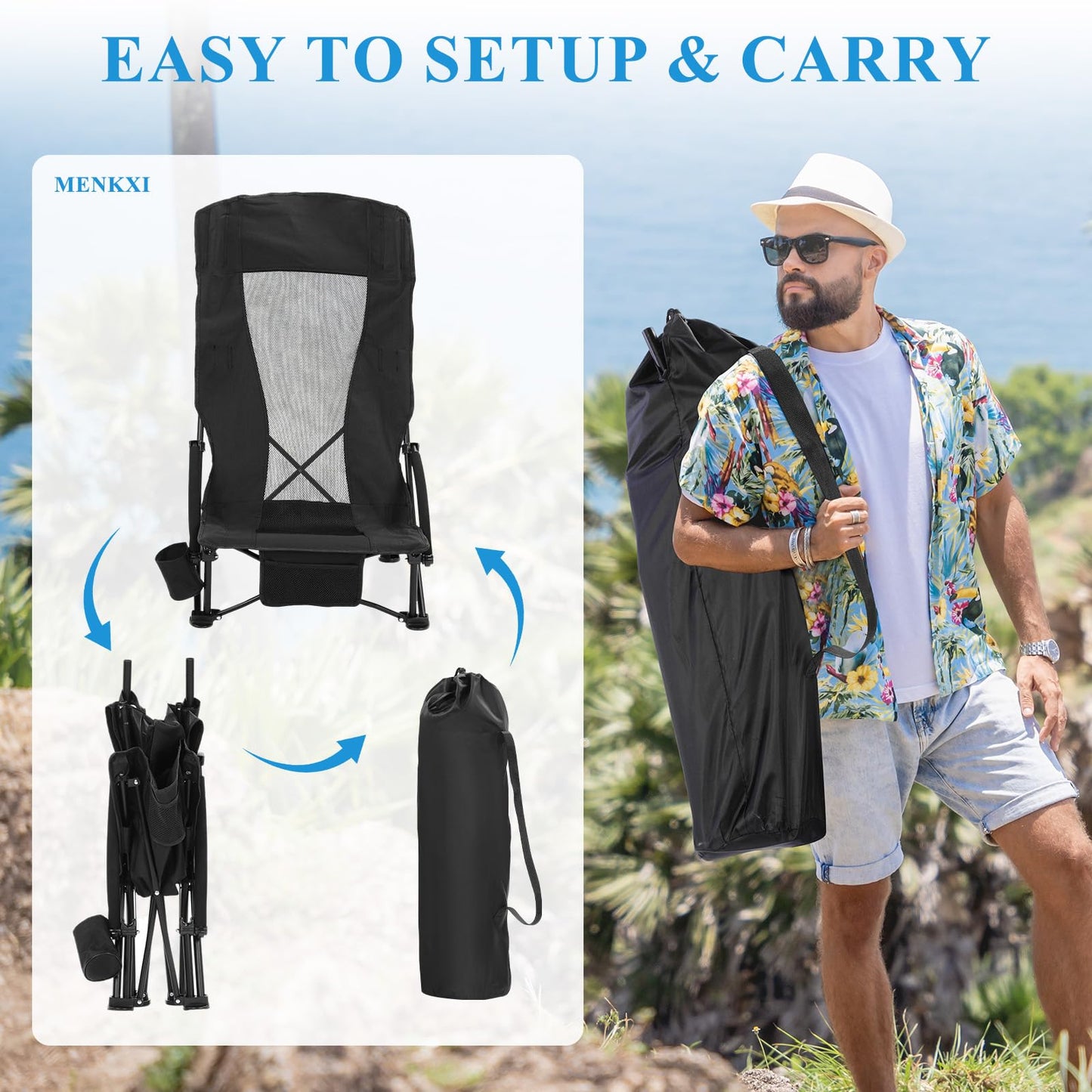 4 Pack Beach Chair for Adult High Back Low Beach Chair Bulk Portable Folding Camping Chairs Lightweight Sand Chairs with Cup Holder Carry Bag for Outdoor Camping Sand Concert