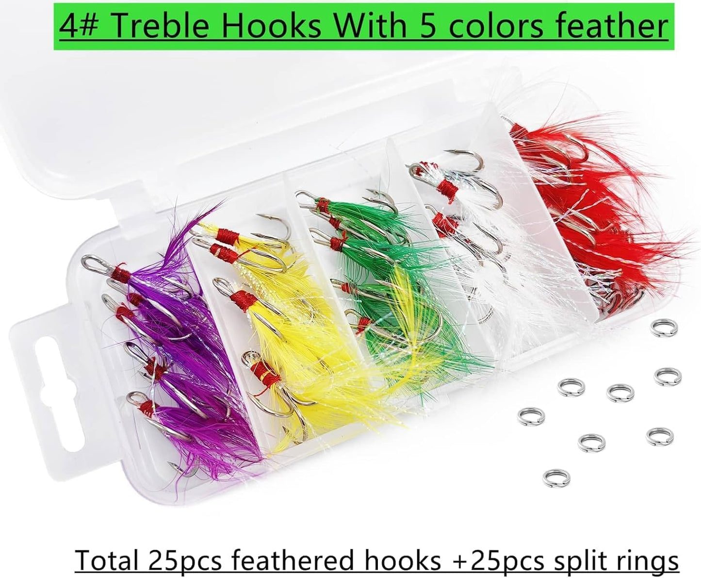 Fishing Treble Hooks Feather Hook: Dressed Fishing Hooks Set with Split Rings for Making Fishing Lure