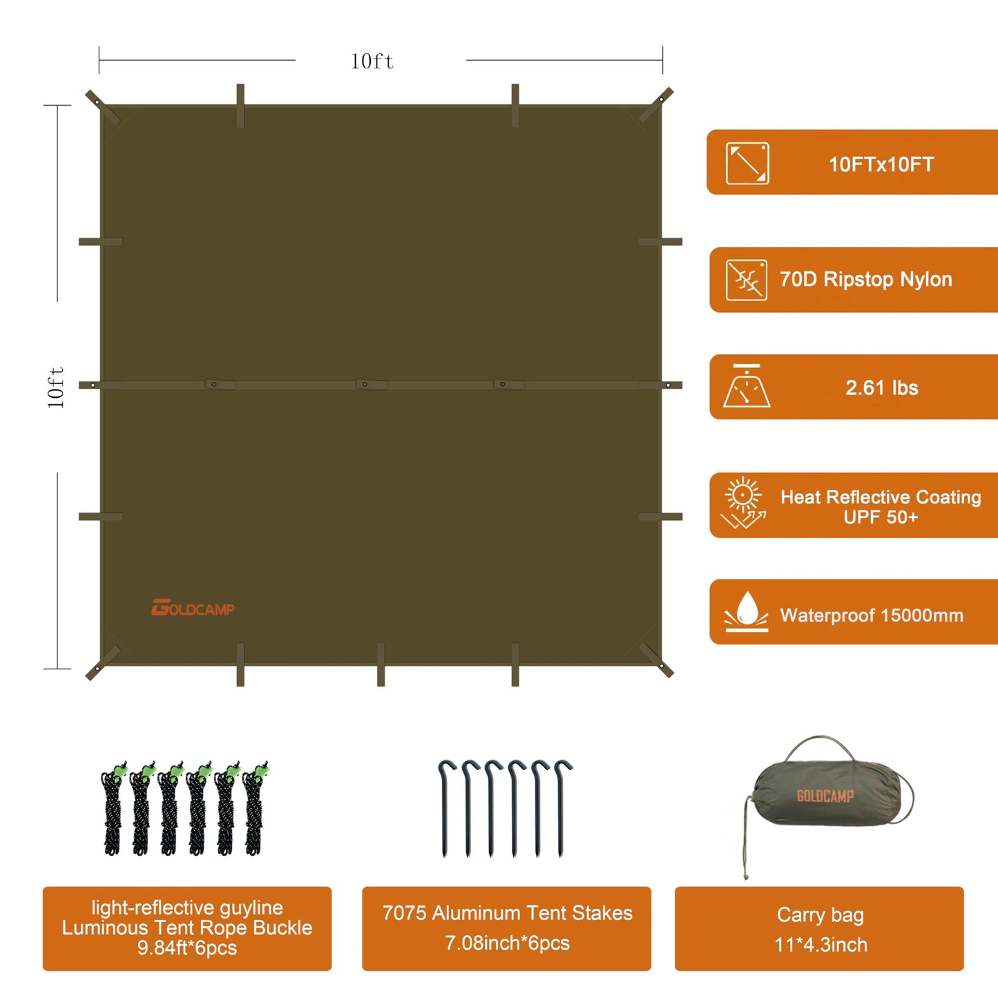 GOLDCAMP Waterproof Camping Tarp，70D Nylon 10X10FT Hammock Rain Fly ，UV 50+ and PU15000mm Tent Tarp Shelter Canopy，Heavy Duty Multifunctional Sun Shade or Rain Fly Essentials for Hiking Backpacking