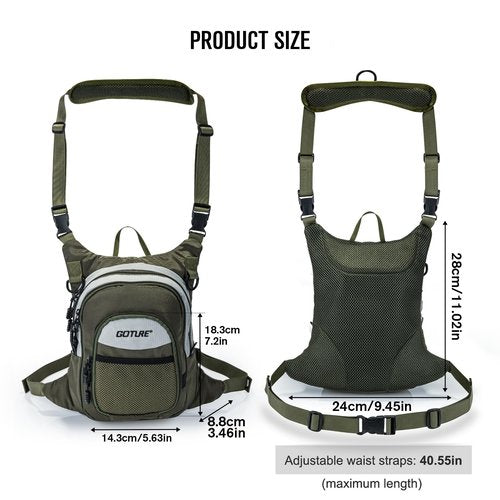 Goture Fly Fishing Chest Pack, Lightweight Chest Pack Tackle Storage Bag, Fly Fishing Waist Pack, Fly Fishing Bag with Adjustable Padded Waist Strap and Neck Strap, Fits Up to 2 Tackle/Fly Boxes