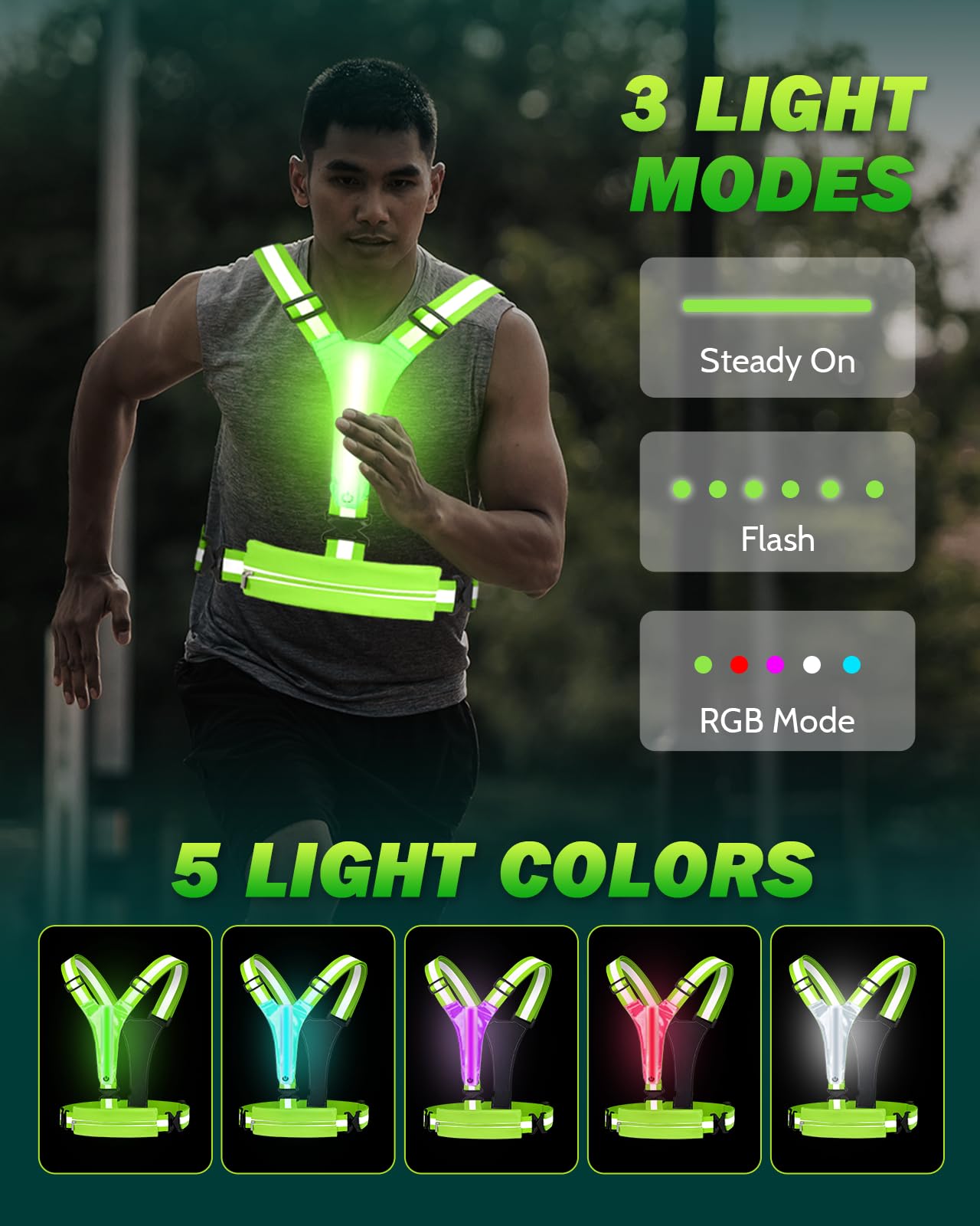 Fitense LED Reflective Running Vest with Phone Holder, 5 Colors Light Up Running Vest Rechargeable Running Lights for Runners High Visibility Reflective Running Gear, Adjustable for Men and Women