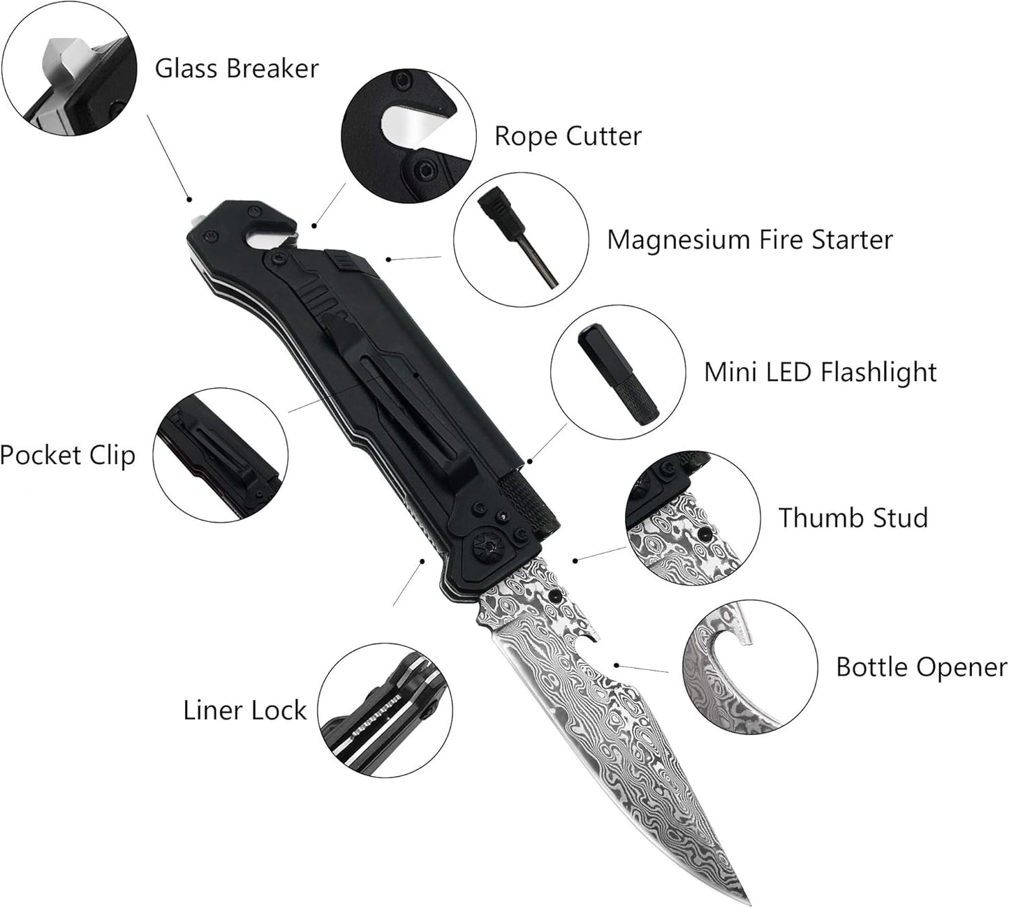 ALBATROSS 6-in-1 Survival Tactical Military Folding Pocket Knives with LED Light,Seatbelt Cutter,Glass Breaker,Magnesium Fire Starter,Bottle Opener;Multi-Function Emergency Tool(Black)