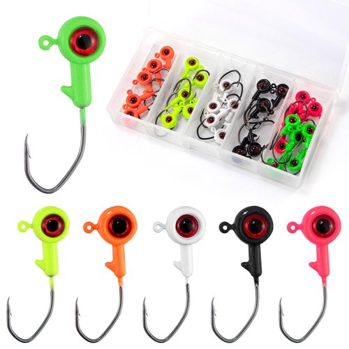 Dr.Fish 30 Pack Crappie Jig Kit 6 Colors Freshwater Fishing Jig Head Crappie Bass Trout Panfish Bluegill Hook Lure Sickle Hook 1/8oz