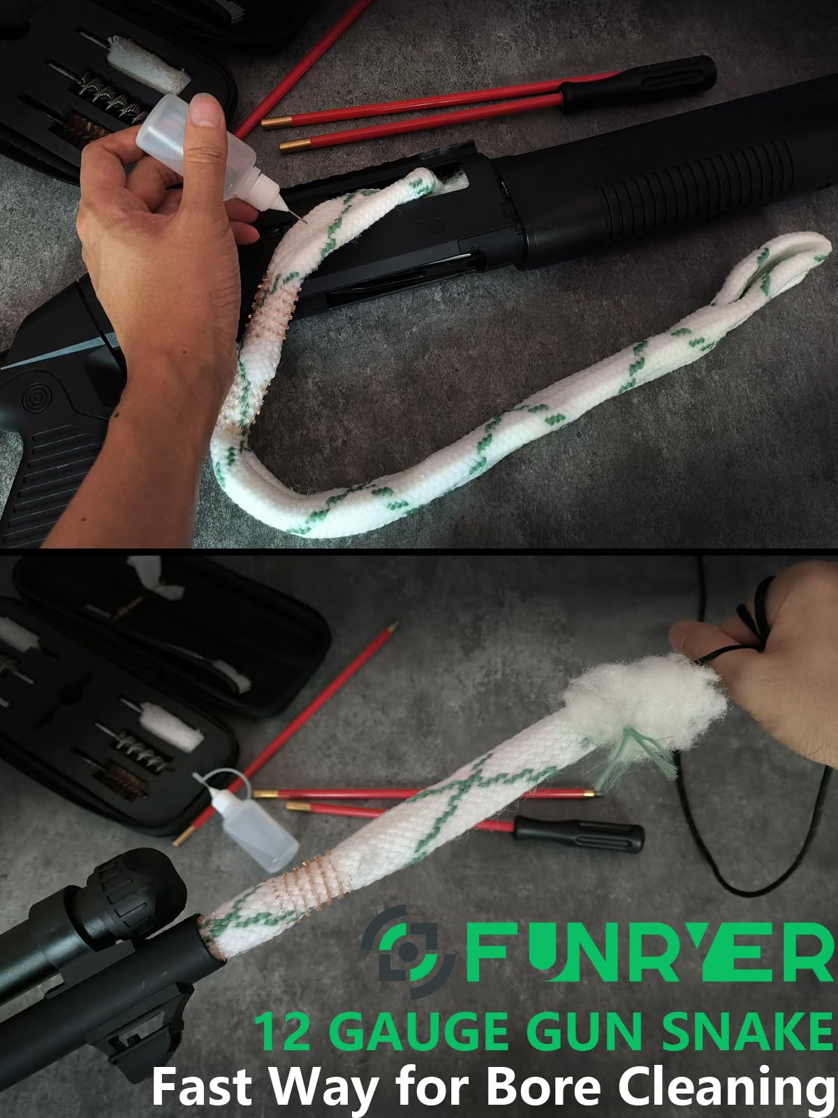 Funryer Shotgun Cleaning Kit 12 Gauge Gun Cleaning Kit 12 GA for Shotguns with 12 Gauge Gun Snake, Gun Cleaning Brushes, Cotton Mops, Cleaning Pick, Cleaning Patches, Oil Bottle