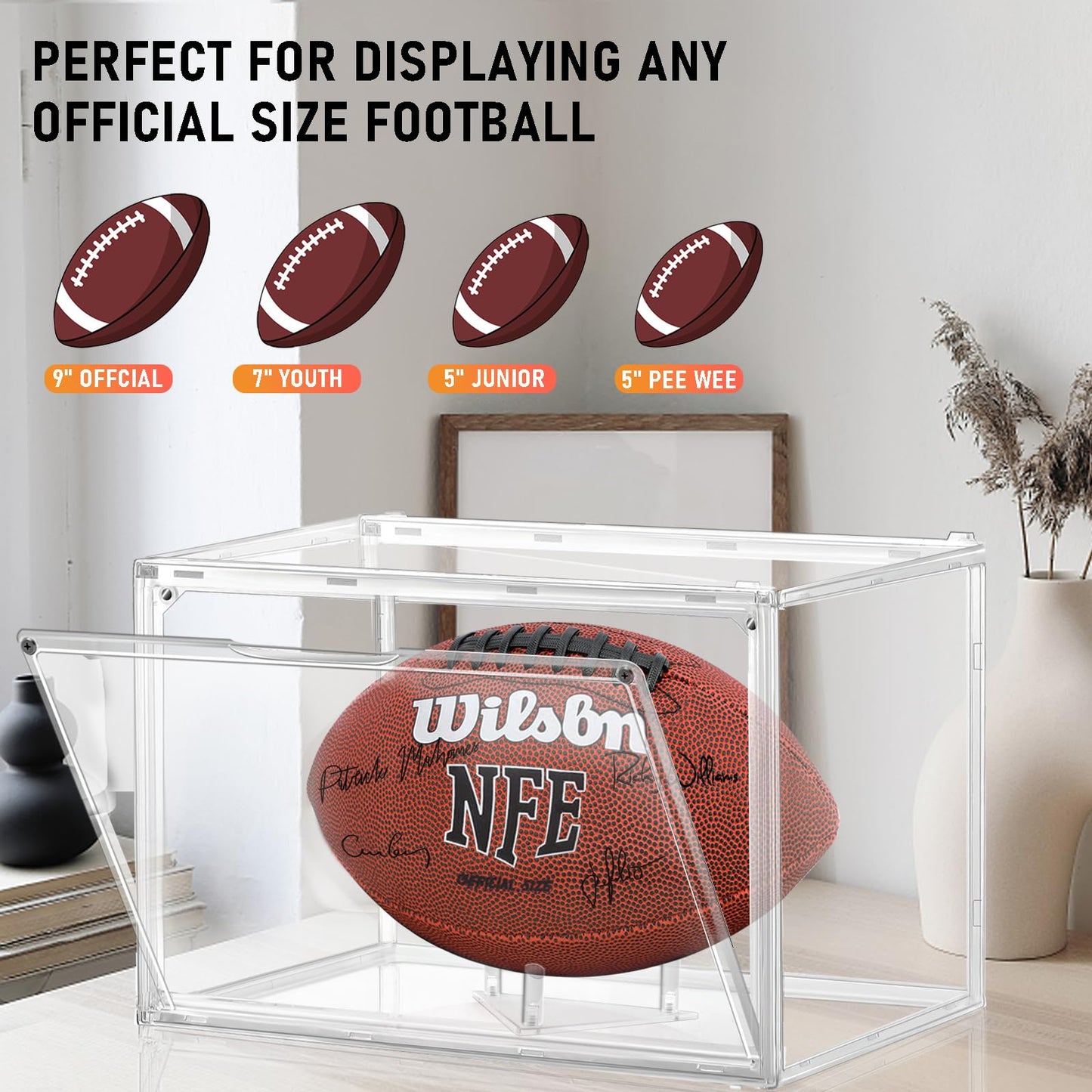 Football Display Case, KKU Acrylic Clear Football Case Full Size with Magnetic Door, Professional Memorabilia Football Display Boxes Football Holder Dust and UV Protection